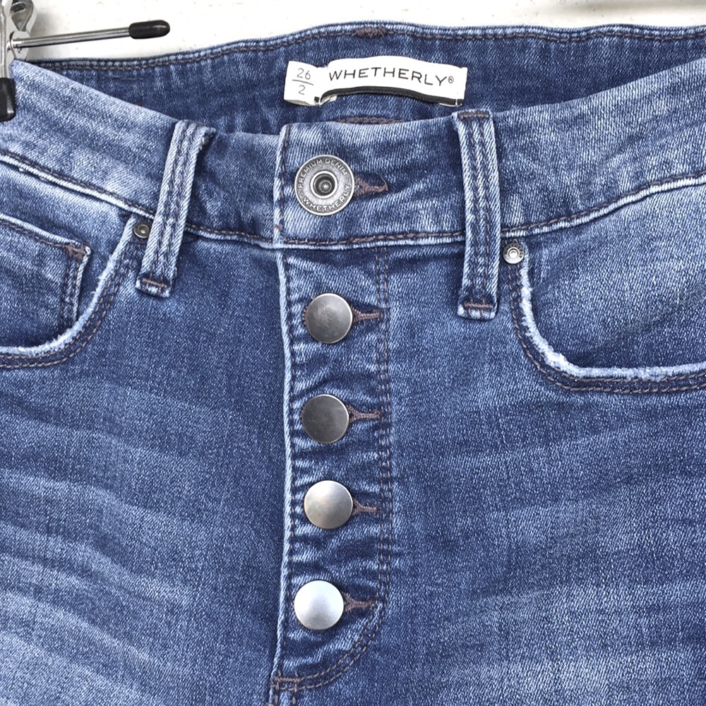 NWOT 🌸 BUTTON FLY WHETHERLY “COOPER” HIGH RISE SKINNY JEANS CLASSIC BLUE RAW HEM - Picture 2 of 11
